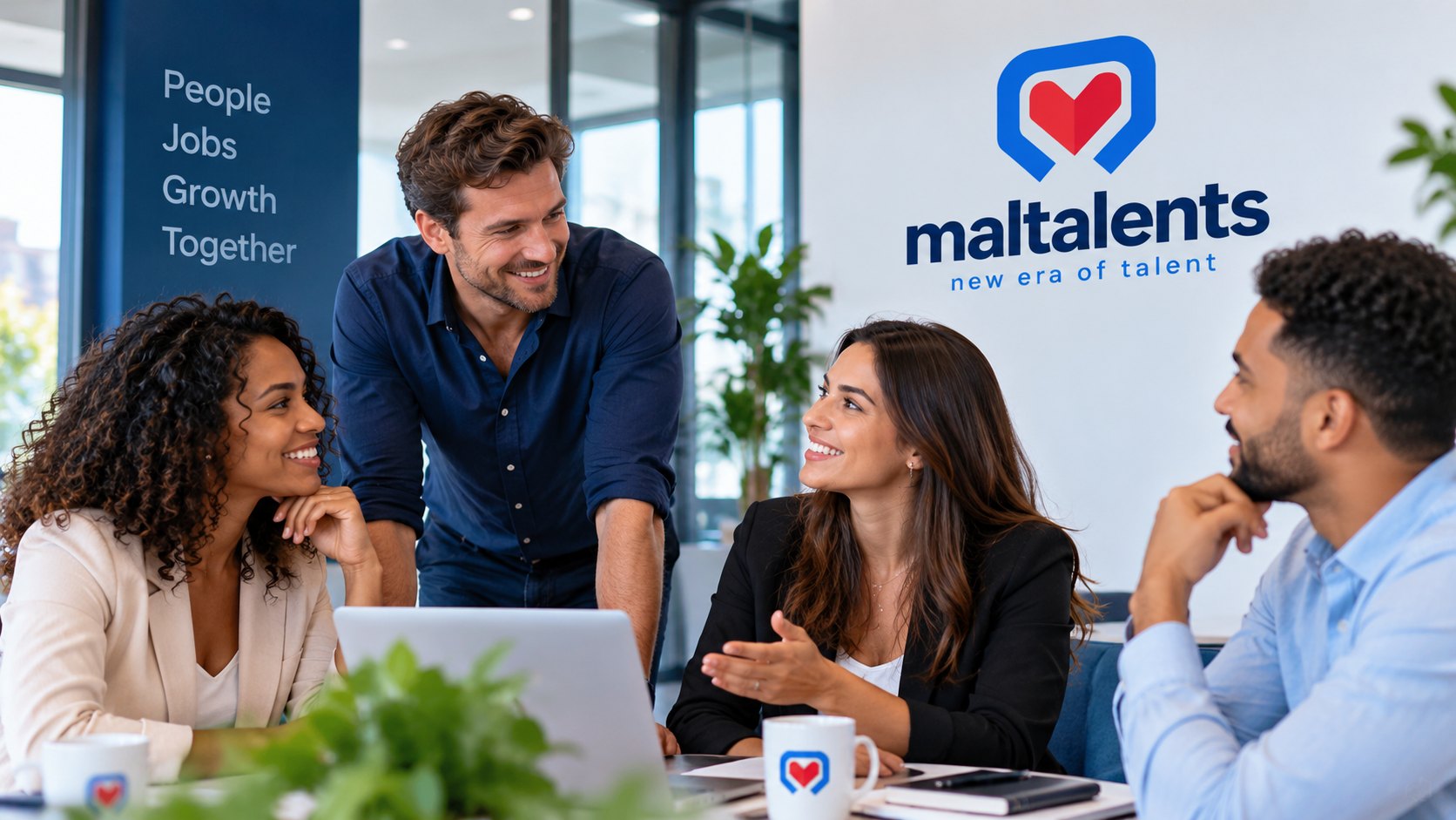 Diverse professionals collaborating in a bright modern workplace